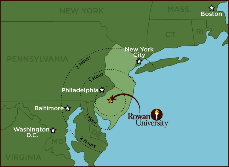 Map of New Jersey showing where Rowan University is located. This also shows the cities of Philadelphia, Baltimore, and Washington DC in their respective states all in relationship to NJ