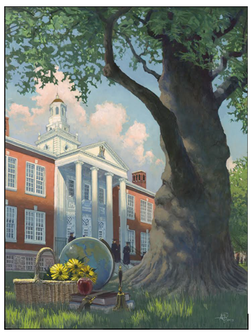 Illustrated image by Professor Adam Gustavson of Bunce Hall with a tree in front, a picnic basket, daisies, a globe of the work, 3 books and a bell