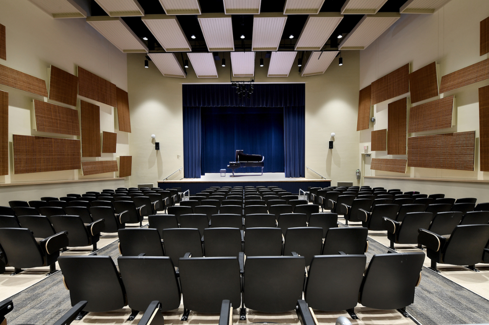 Boyd Recital hall lit with curtain open