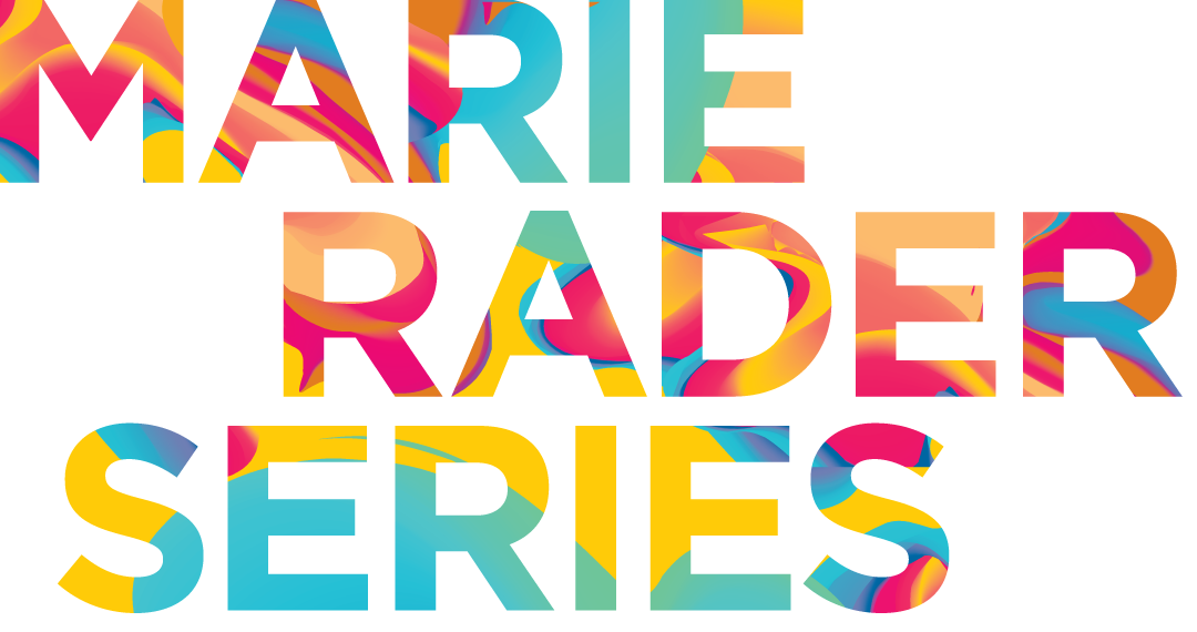 MARIE RADER SERIES in window letters filled with bold colors in a swirl pattern 