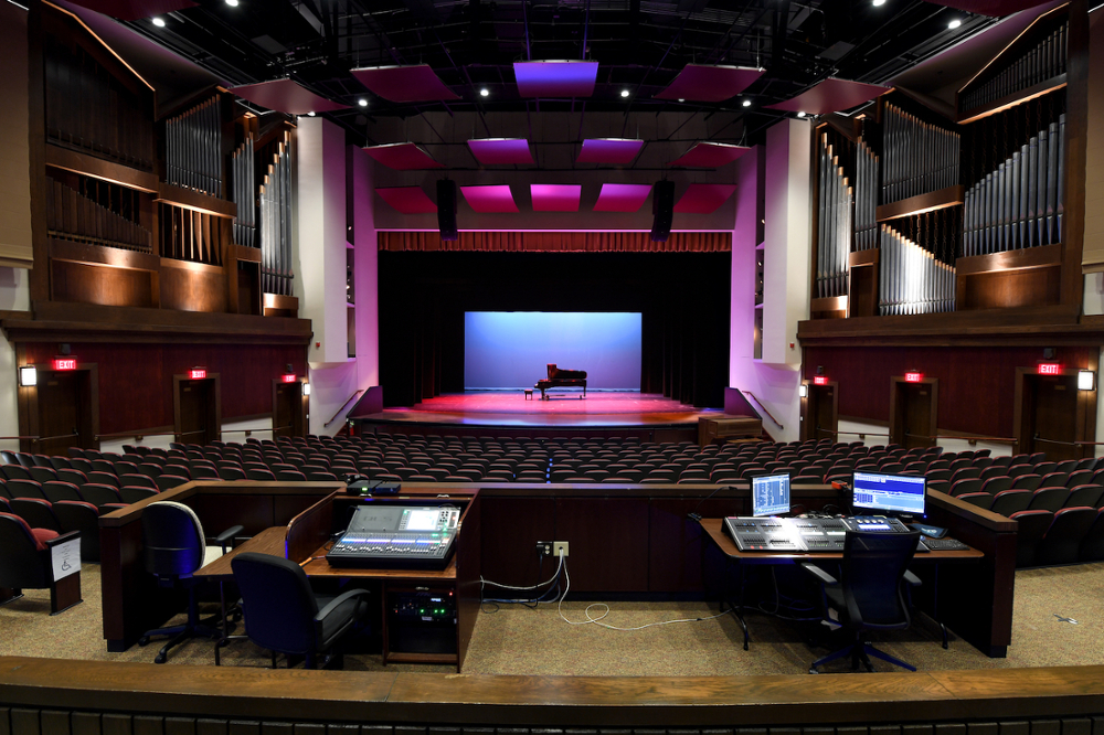 Pfleeger Concert Hall stage with piano at center