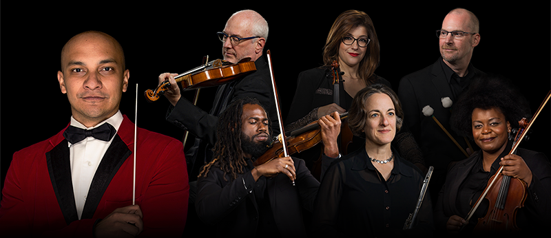 A collage of headshots, featuring most prominently Chris Dragon in a red tuxedo, arms crossed, baton in hand, as well as six other musicians, three strings players, one flutist, and one holding percussion mallets, in front of a black background.