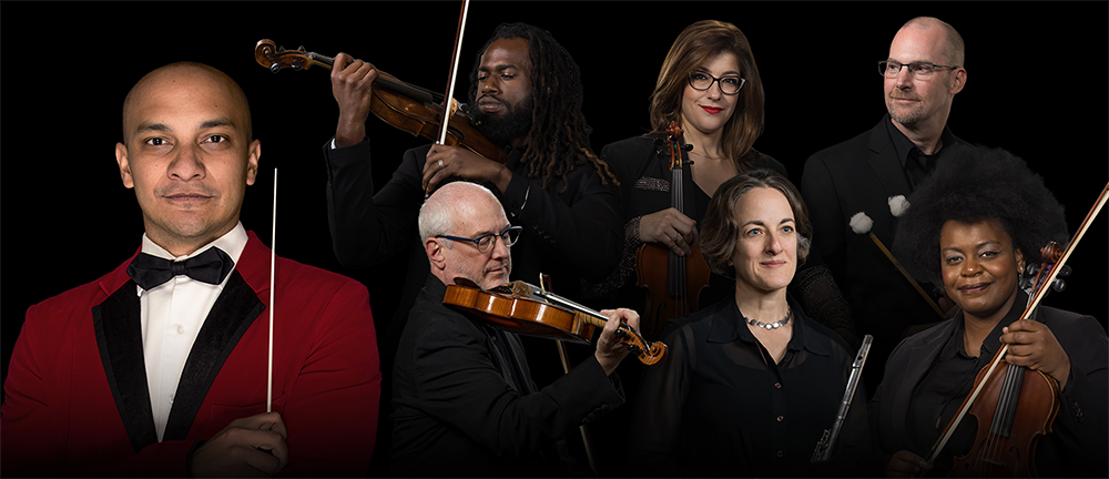 A collage of headshots, featuring most prominently Chris Dragon in a red tuxedo, arms crossed, baton in hand, as well as six other musicians, three strings players, one flutist, and one holding percussion mallets, in front of a black background.