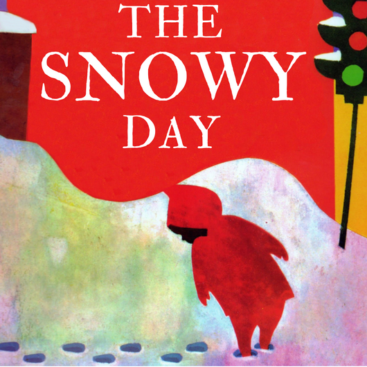 The famous cover of ‘The Snowy Day’, the children’s picture book by Ezra Jack Keats, with a little Black boy in a red snow suit looking down at the trail of foot prints he left behind in the snow, with a traffic light behind him, referencing an urban street corner.
