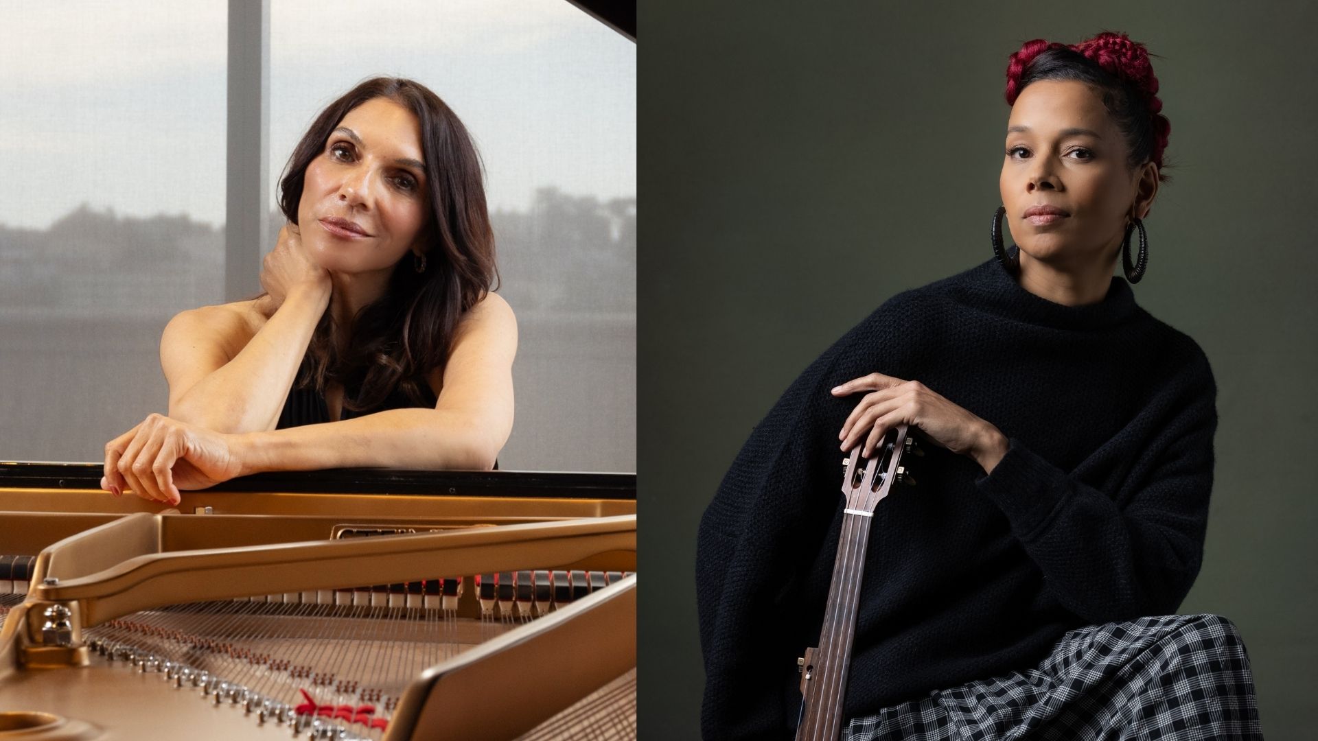 Two portraits, side by side, on the left is Lara Downes, a tan woman with long brown hair, looking into the camera from behind a grant piano, arms resting across its inner strings, with chin resting on her hand pensively, and on the right Rhiannon Giddens, a mixed-race woman, with brown hair with pink ends pinned up in braids, posed in a black sweater behind a grey background, with a hand resting gracefully on the neck of her banjo.