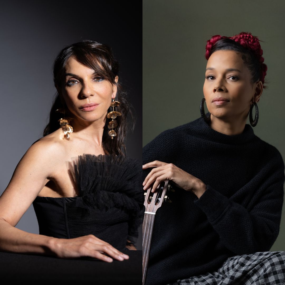 Two portraits, side by side, on the left is Lara Downes, a tan woman with long brown hair, wearing a strapless black evening gown and dangly gold earrings, and on the right Rhiannon Giddens, a mixed-race woman, with brown hair with pink ends pinned up in braids, posed in a black sweater behind a grey background, with a hand resting gracefully on the neck of her banjo.