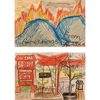 Two visitor created postcards.