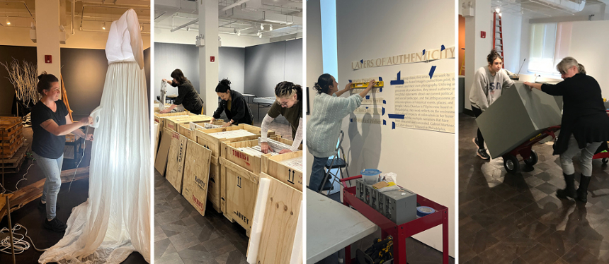Rowan University Art Gallery and Museum staff installing exhibitions.