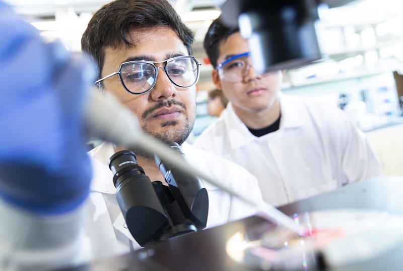 A close up of a student with a pipette with another student observing.