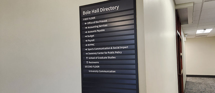 Directory sign hanging in a hallway within Bole Hall.