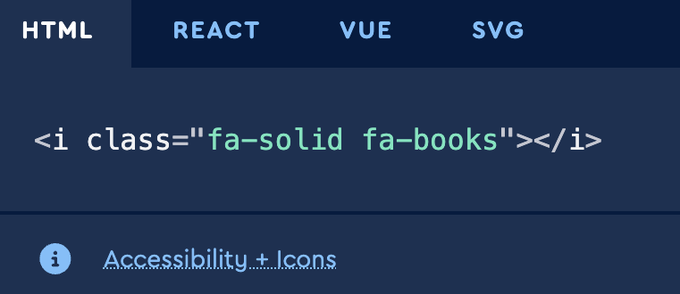 font awesome icon html screenshot showing the html of the 'fa-solid' 'fa-books' markup