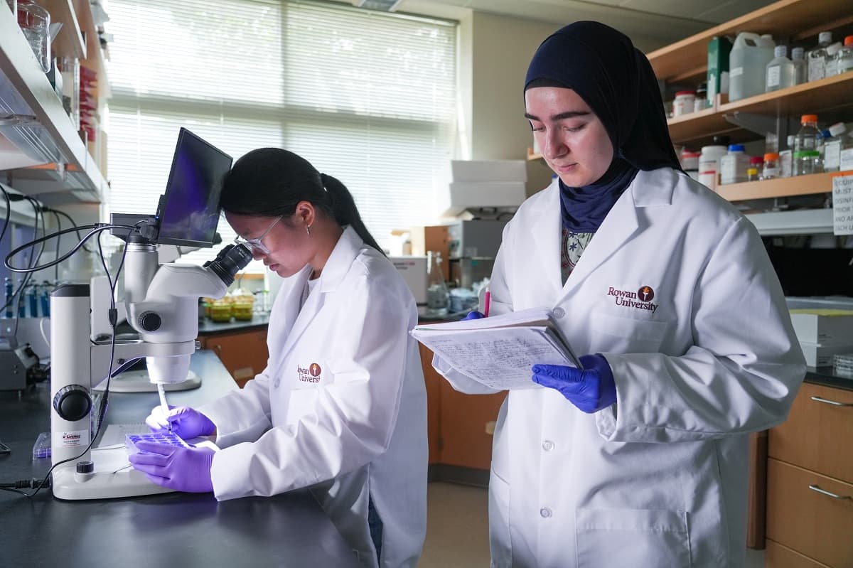 Two students working at a microscope