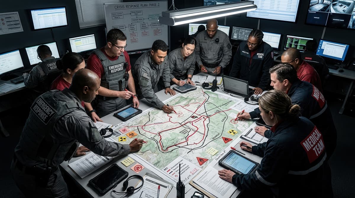 Emergency workers gathered around a table examining a map.