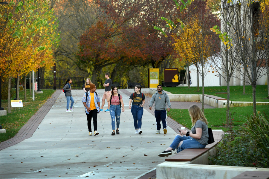 Students walking together on Rowan University's main campus in Glassboro, New Jersey.