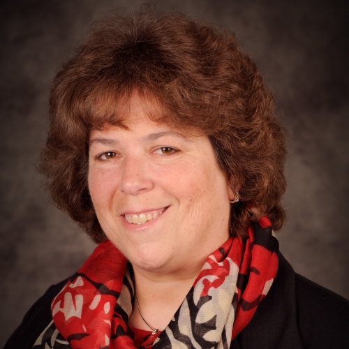 Patricia Salkin with short curly hair, a colorful scarf and black shirt, smiling at the camera