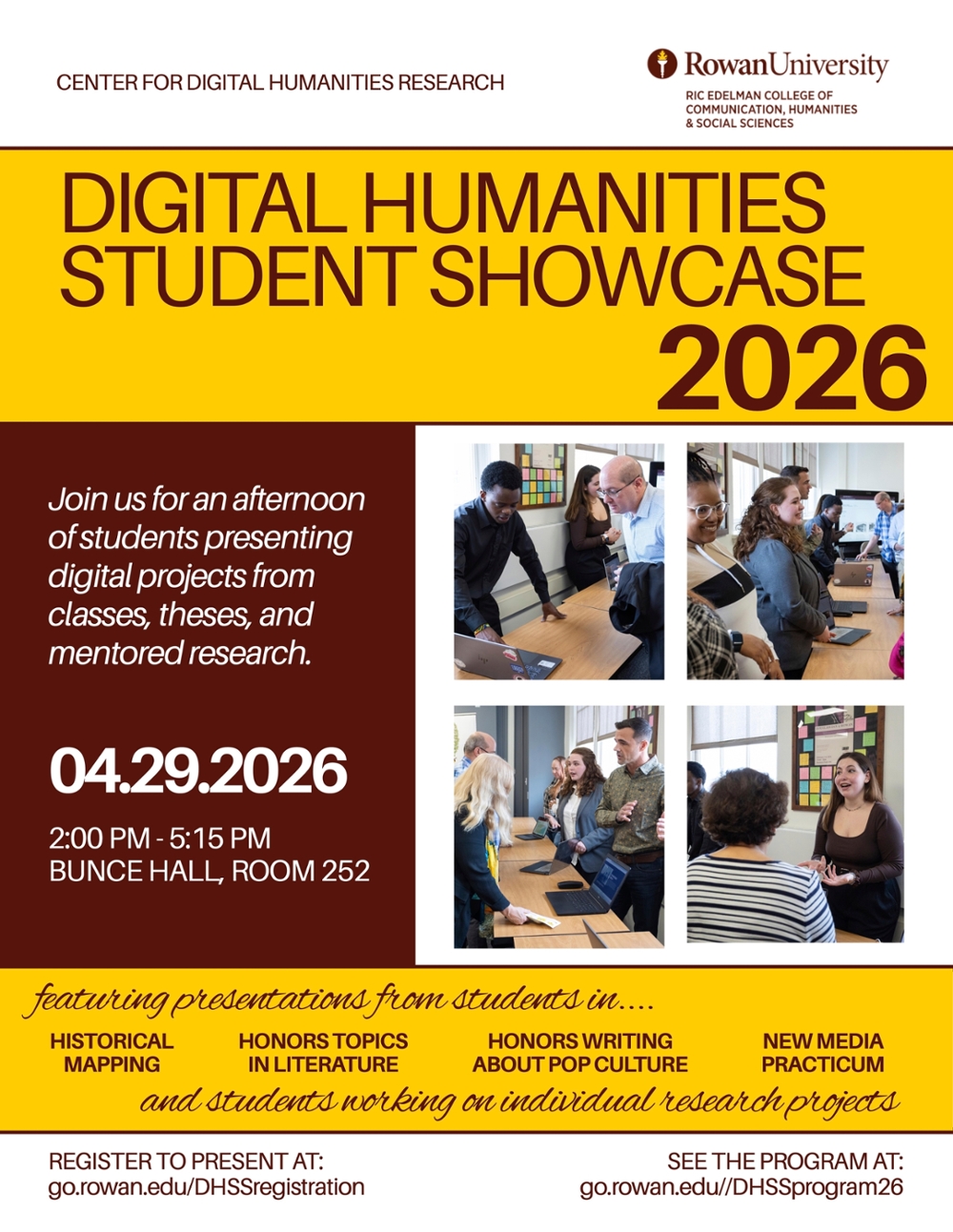 Student Showcase flyer images of past presentations and details for eventwith black and white images of historical Black figures