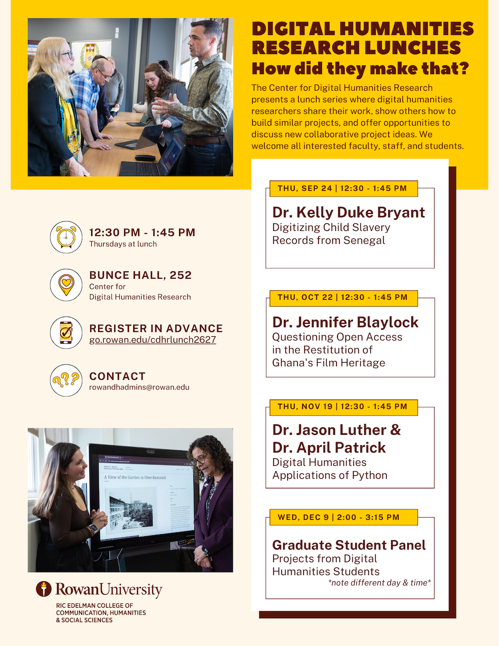 Lunch series flyer with images of DH students and faculty.
