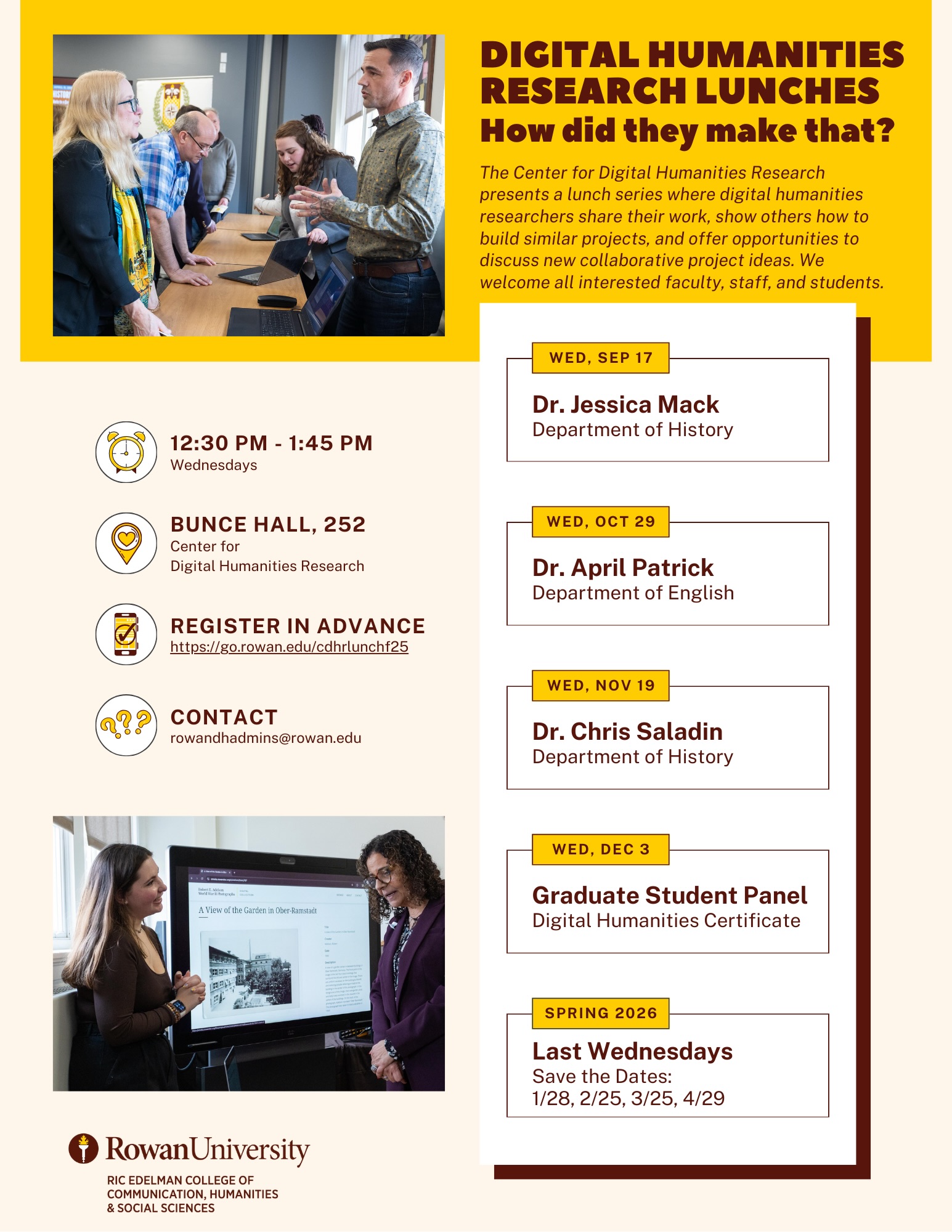 Lunch series flyer with images of DH students and faculty.