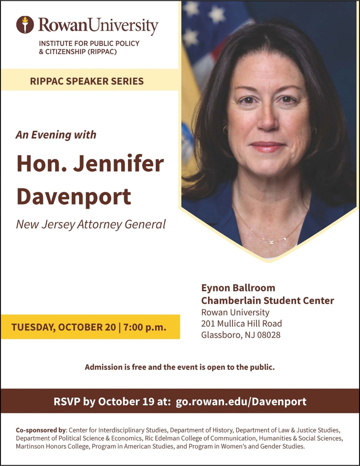 A flyer for RIPPAC's speaker event with NJ Attorney General Jennifer Davenport