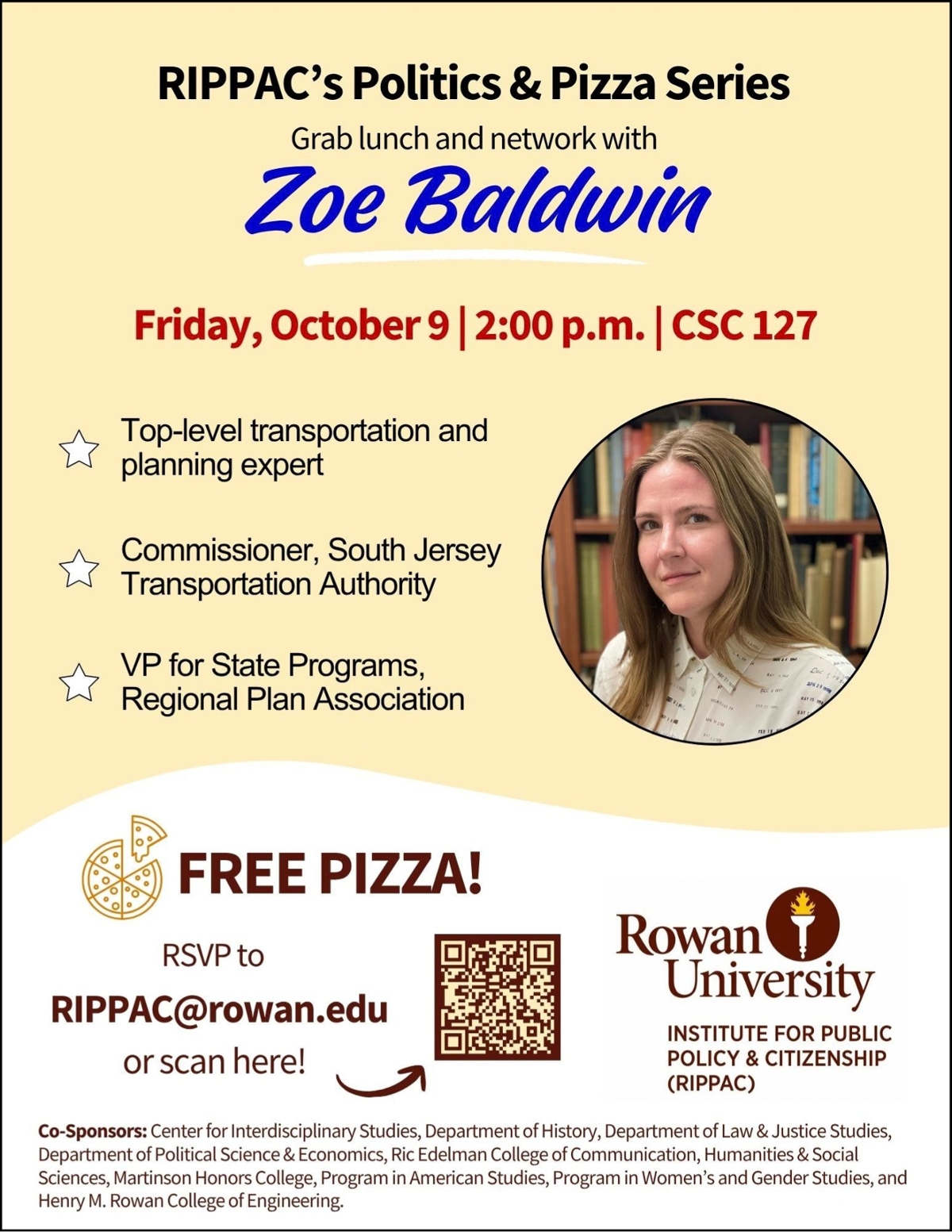 A flyer for RIPPAC's politics and pizza networking lunch series featuring Zoe Baldwin