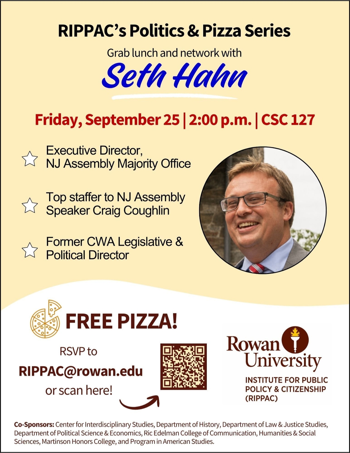 A flyer for RIPPAC's politics and pizza networking lunch series featuring Seth Hahn