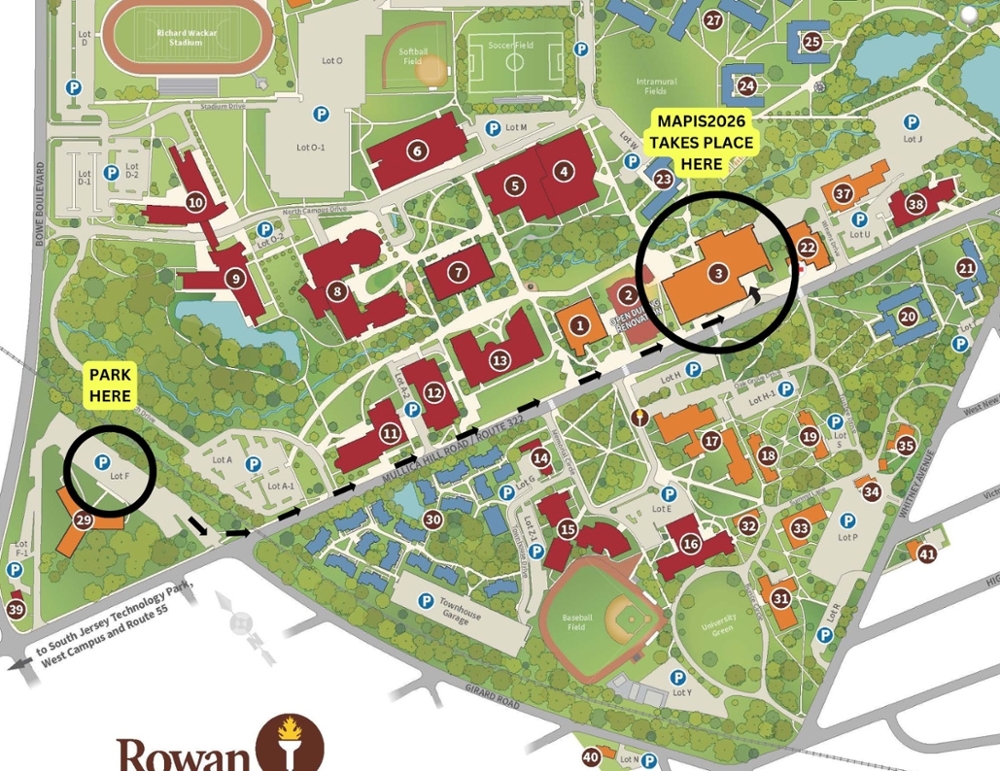 A map of Rowan University's Glassboro campus, with parking for MAPIS2026 attendees noted on the left and arrows leading them to the Student Center on the right.