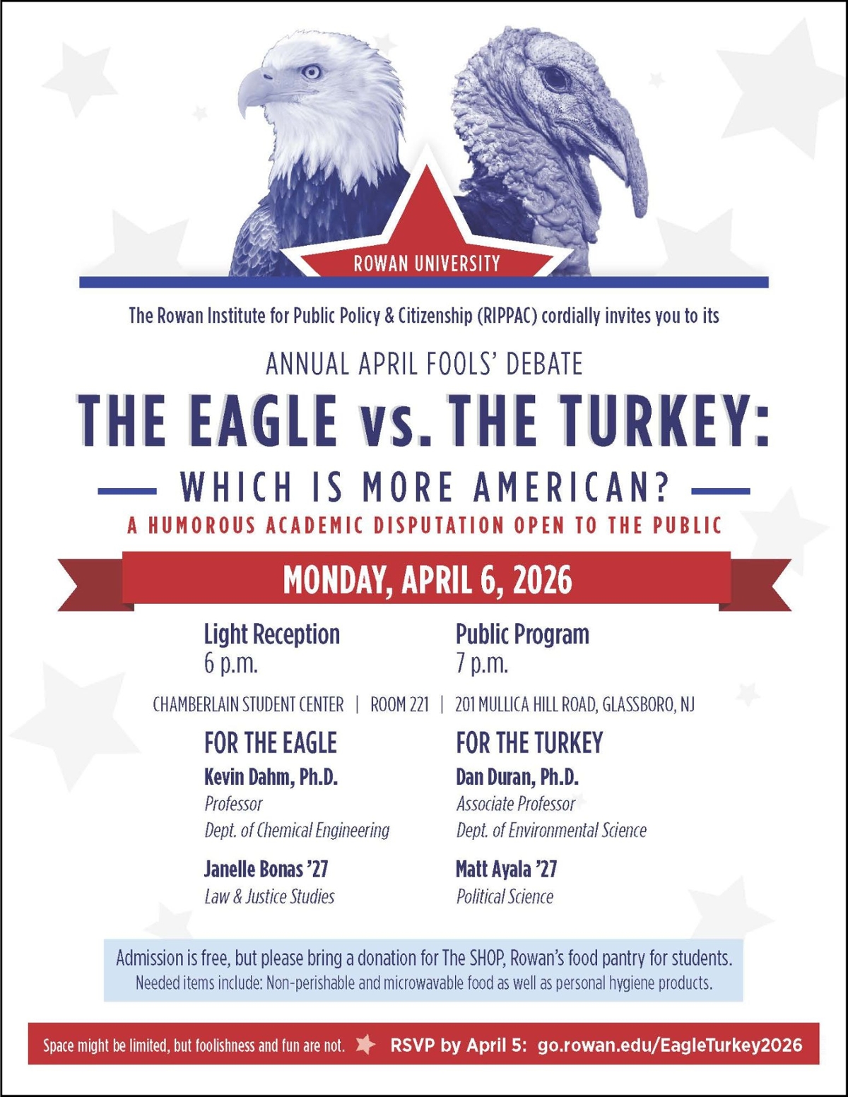 A flyer for RIPPAC's Eagle-Turkey mock academic debate on Monday, April 6 in Chamberlain Student Center Room 221 at 6:00 p.m.