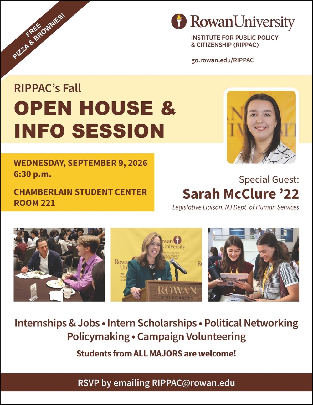 A flyer for RIPPAC's fall 2026 open house featuring guest speaker Sarah McClure '22