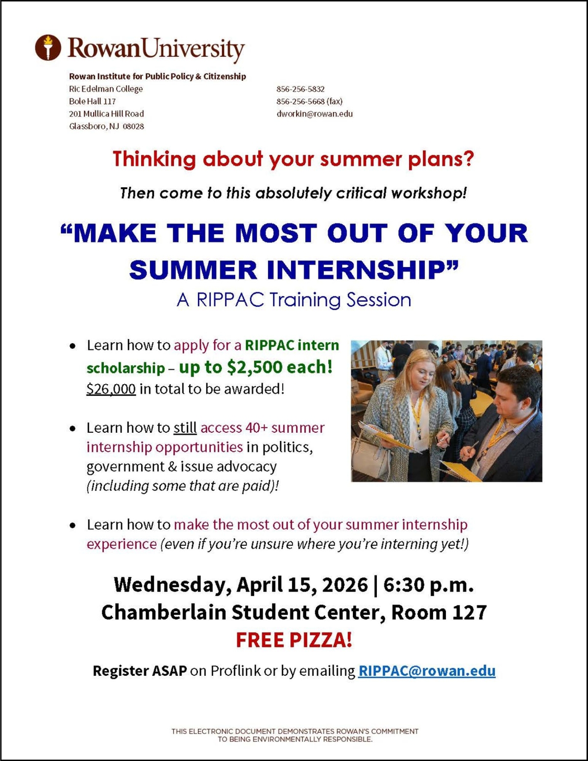 A flyer for RIPPAC's "Make the Most Out of Your Summer Internship" training session on Wednesday, April 15 at 6:30 p.m. in Chamberlain Student Center Room 127