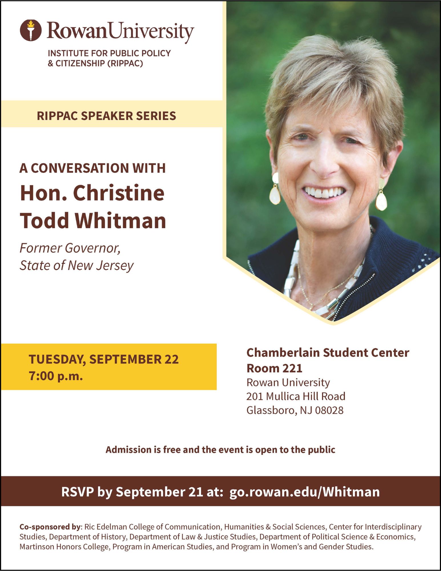 A flyer for RIPPAC's speaker event with Hon. Christine Todd Whitman