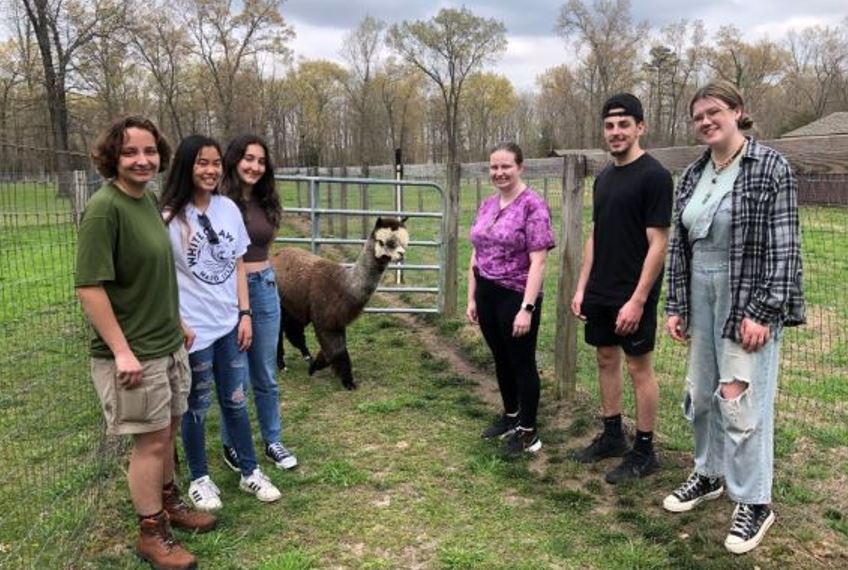 Students smiling at the alpaca farm.