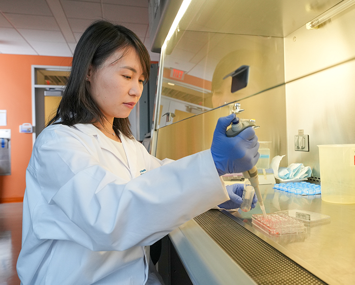 a researcher fills tubes while working under a hood in a lab